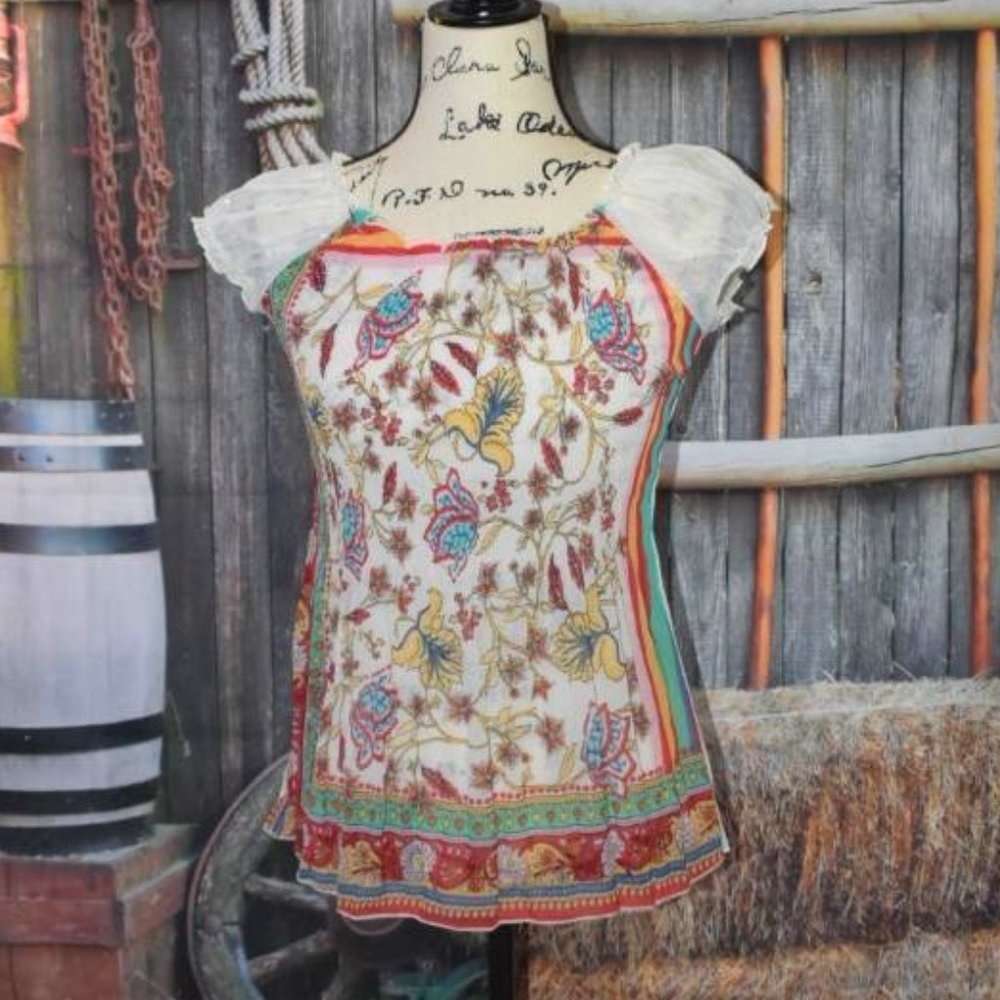 Sheer Accordian Ribbed Cap Sleeve Peasant Top Asian Floral Print M Gypsy